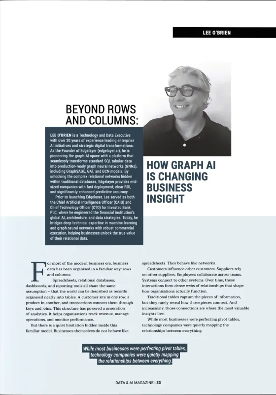 Data & AI Magazine, page 33: Beyond Rows and Columns: How Graph AI Is Changing Business Insight, by Lee O&rsquo;Brien